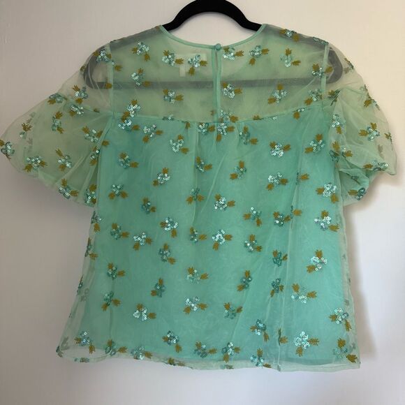 Sz 2P Anthropologie Mint Green Floral Embroidered Sheer Blouse - Picture 2 of 7
